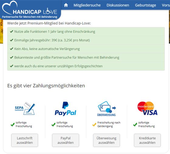 Screenshot der Handicap Love Preise